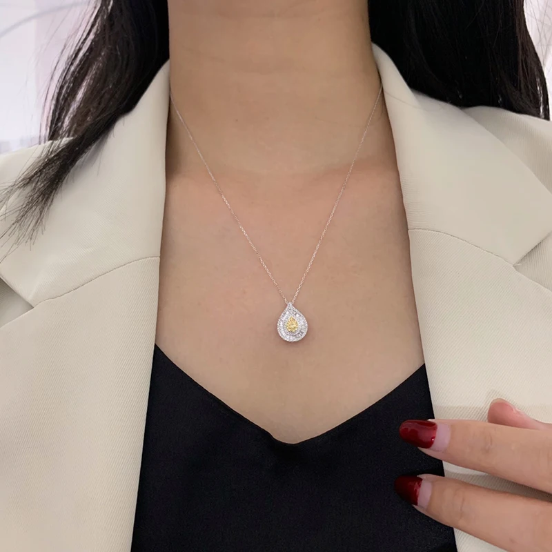 LUOWEND 18K Solid White Gold Necklace Real Yellow Diamond Pendant Necklace Fashion Earrings Wedding Jewelry for Women Engagement