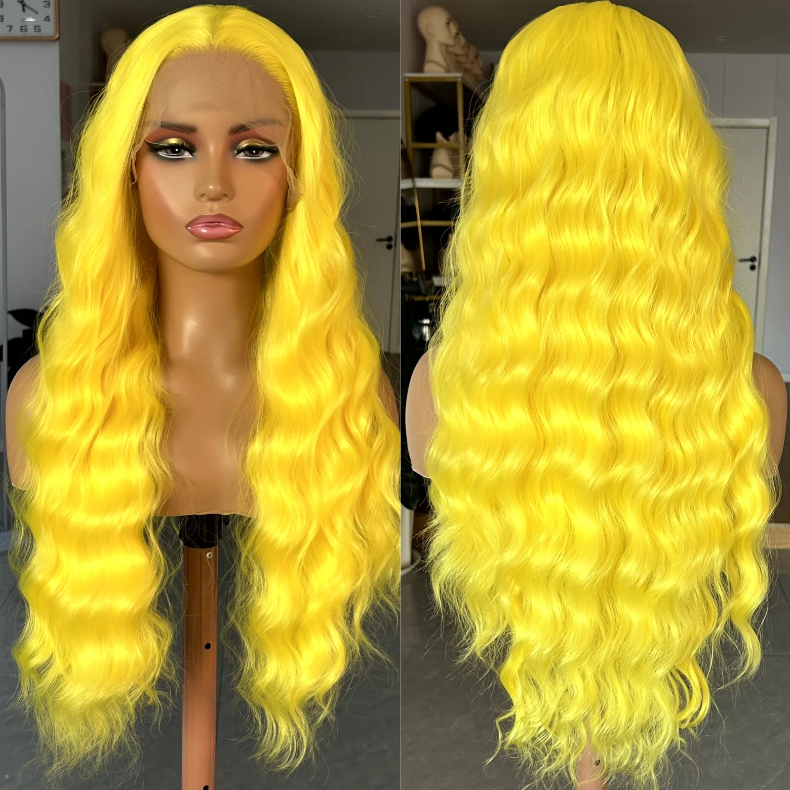 Lemon Yellow Wig Long Wavy Natural Curly Synthetic Lace Front Wig Free Party Deep Wave Colored 13X4 Frontal Wigs for Women Party