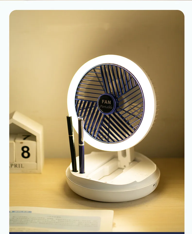 USB Charging Foldable Table Fan Wall Mounted Hanging Ceiling Fan with LED Light 4 Speed Adjustable For Home Room Air Cooler Fan