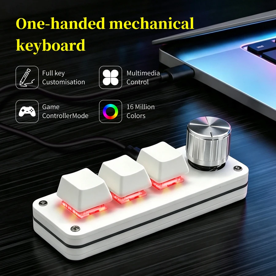 Versatile 3-Key Programmable Mechanical Keypad with Knob