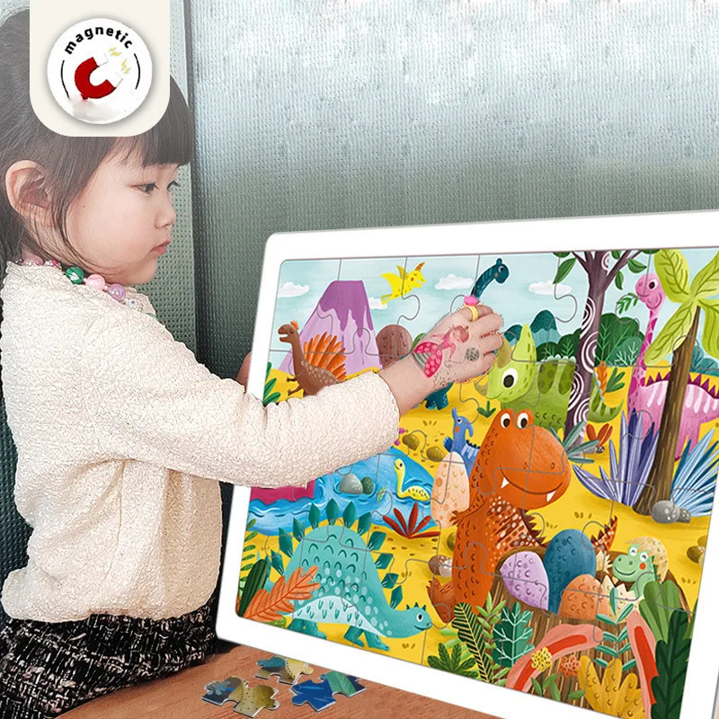 

Magnetic Wooden 72pcs Puzzles Children Animal Dinosaur Cartoon Plane Puzzle Baby Early Education Intellectual Building Block Toy
