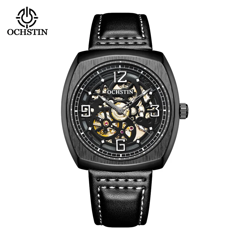 OCHSTIN 2022 Mens Automatic Watches Skeleton Steampunk Mechanical Leather Male Clock Vintage Blue Square Relogio Masculino 44mm 