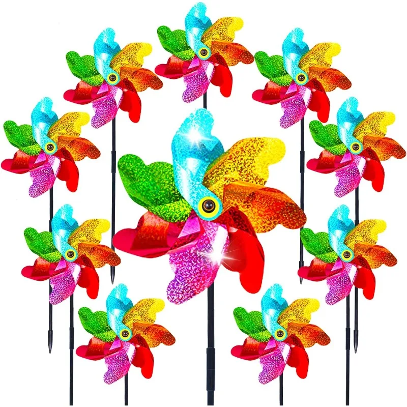 10 Stück silberne laserreflektierende Windspinner, verdickte große Windmühlen-Vogelabwehr-Windrotoren für Obstgärten und Bauernhöfe