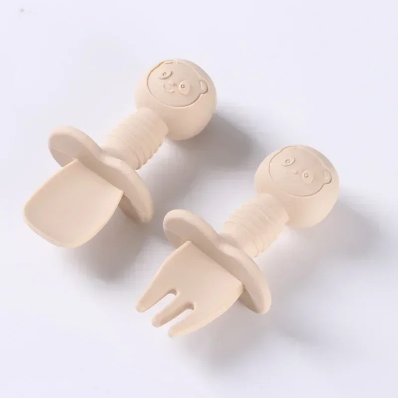 2pcs Food Grade Children Wooden Handle Silicone Spoon Fork Cutlery Baby Training Complementary Food Spoon BabyFeeding Spoon Fork 3