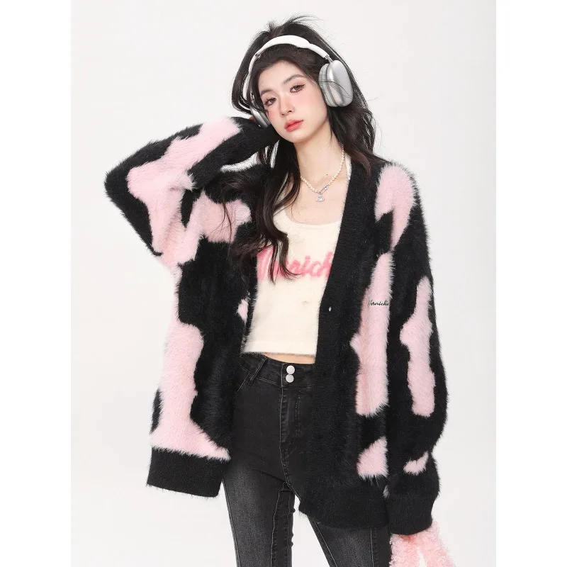 

Deeptown Y2K Pink Graphic Sweater Cardigan Women Korean Style Oversize Knitted Tops 2000s Aesthetic Streetwear Jerseys Egirl