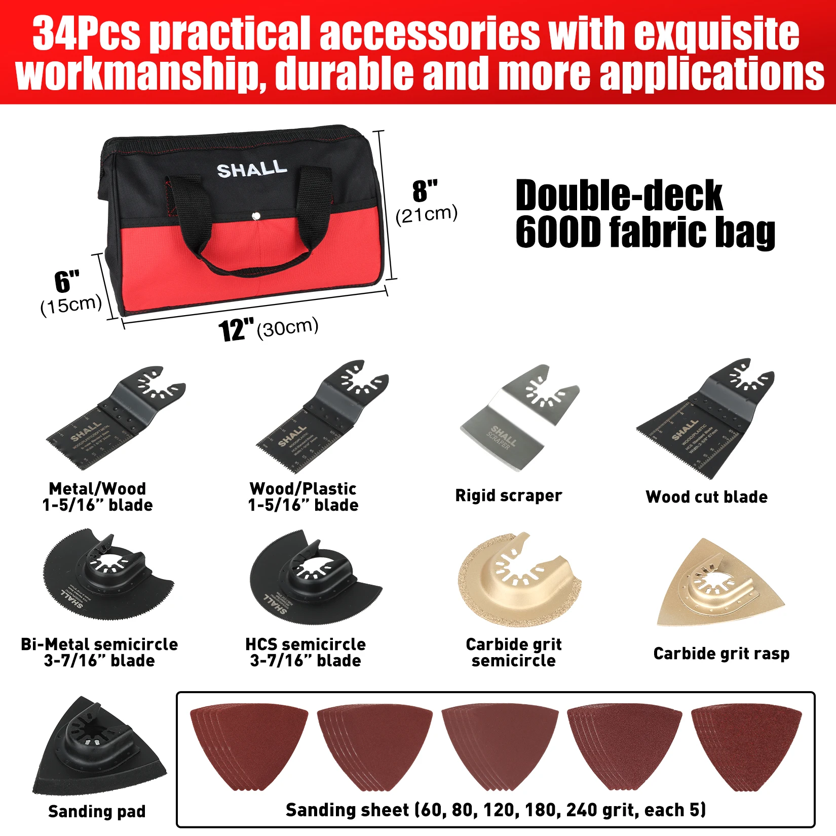 SHALL Oscillating Tool 4.0A Oscillating Multitool Kit with 5° Oscillation Angle 34Pcs with Saw Accessories and Carry Bag 3