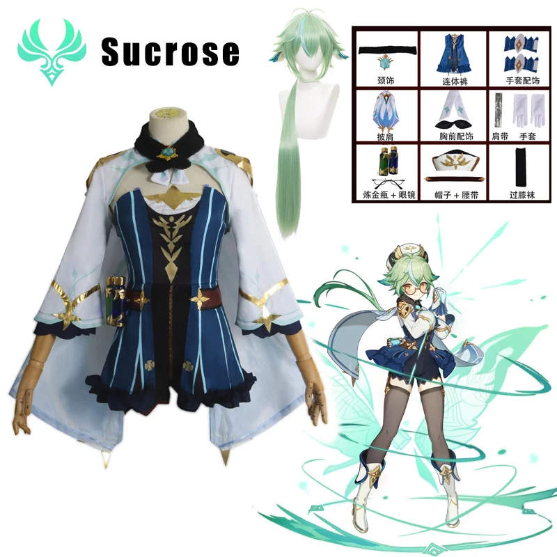 

Anime Genshin Impact Knights Sucrose Cosplay Costume Wig Hair Halloween Show Funny Women's Costume Sock Ornaments Glasses