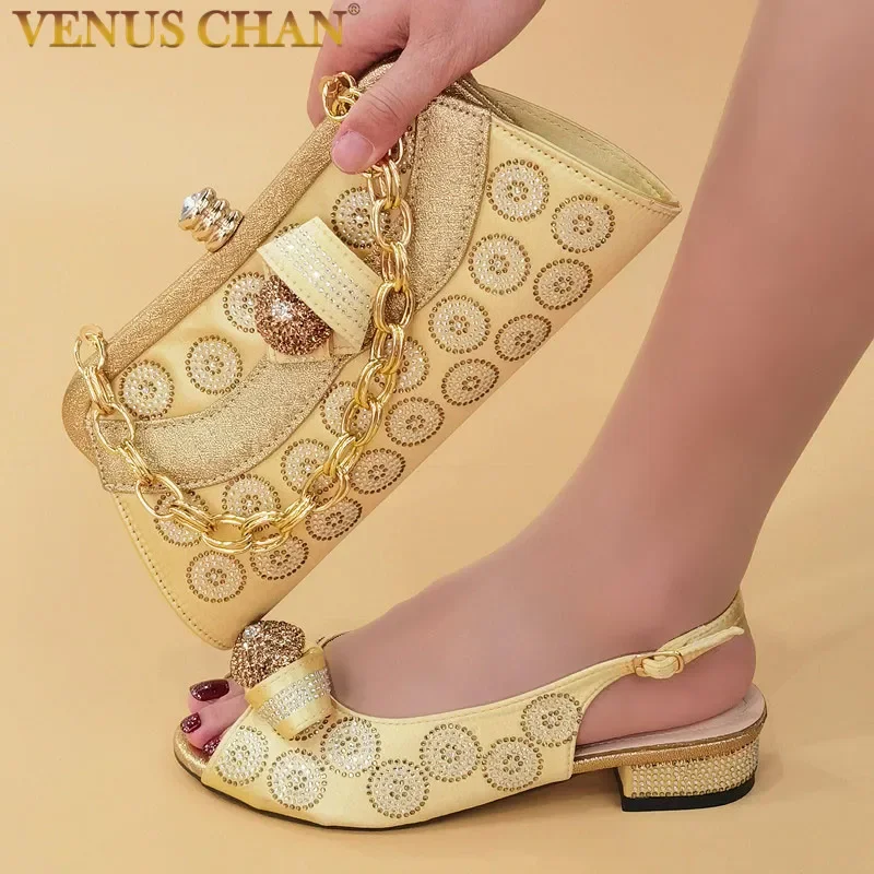 

Nigerian Newest Arrival Fashion Hot and Youth Style Golden Color Ladies Shoes and Bag Set With Rhinestone for Party Wedding