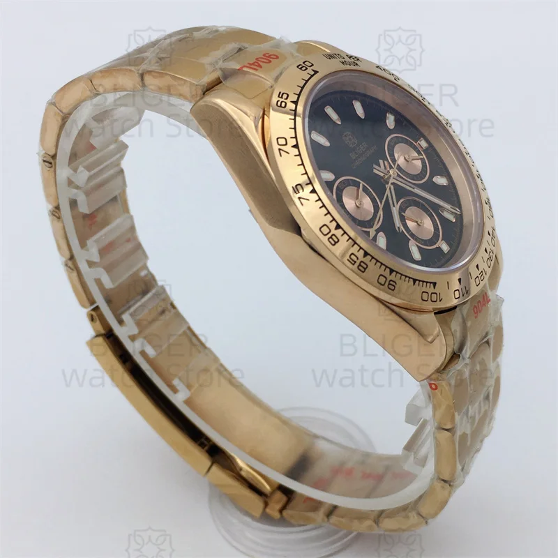 BLIGER Luxury Fashion Rose Gold Quartz Chronograph Business 39mm Sapphire Crystal Men's Watch VK63 Movement Luminous Black Dial