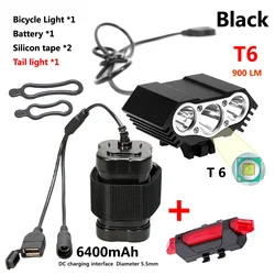 High - Intensity LED Bicycle Front Light with USB Rechargeable Battery and Waterproof Design (Black T6 Taillight)