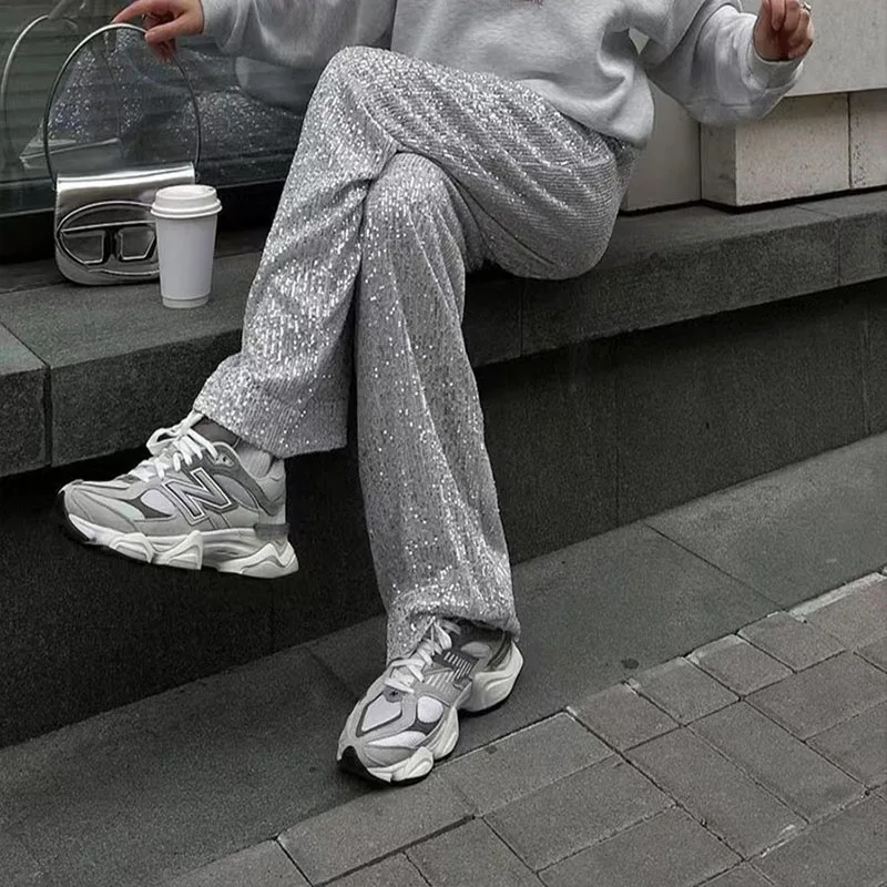 

2024 New Women's Pant Fashion American Sequins Straight Tow Trousers Casual SlimCorded High-Waisted Bottoms