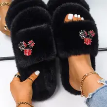 

Ladies Flip Flops Fluffy Slippers Faux Fur Slides Sandals Oil Drip Enamel Insect Animals Slippers Female Winter Casual Shoes