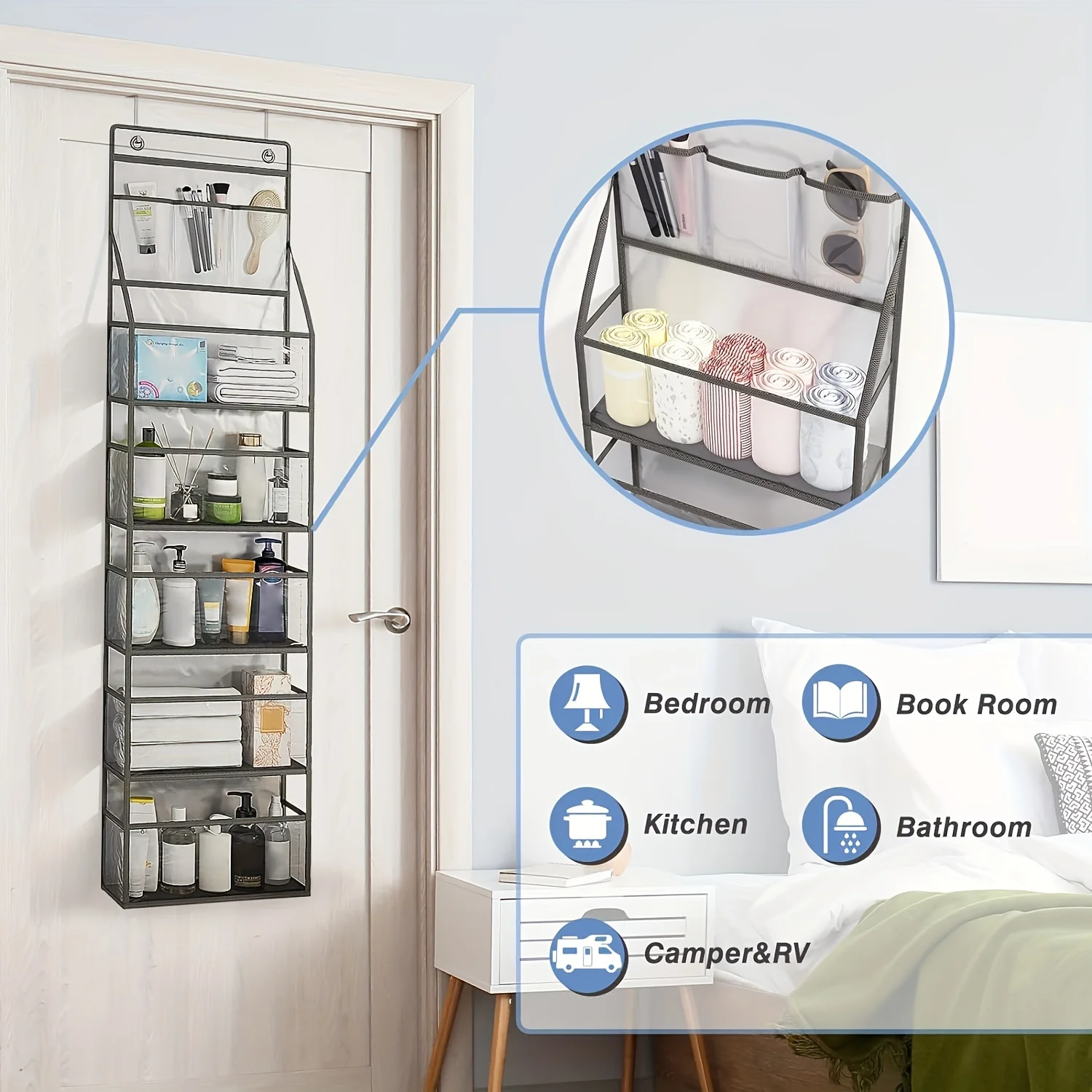 Multi-Layer Transparent Fabric Storage Organizer, Wall-Mounted 6-Grid Household Sorting Bag with Visible Compartments 3