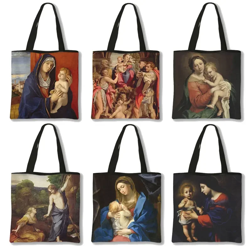 

2021 Virgin Mary Oil Painting Shopping Bag For Travel Personalized Women Handbags High-capacity Tote Bag Reusable Beach Bags