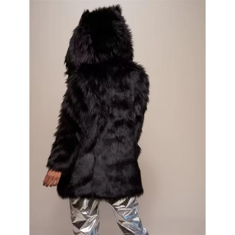 2023 Winter New Women Faux Fox Fur Coat Mid-Length Fashion Hooded Ears Outwear Female Thicken Warm Loose Large Size Casual Parka