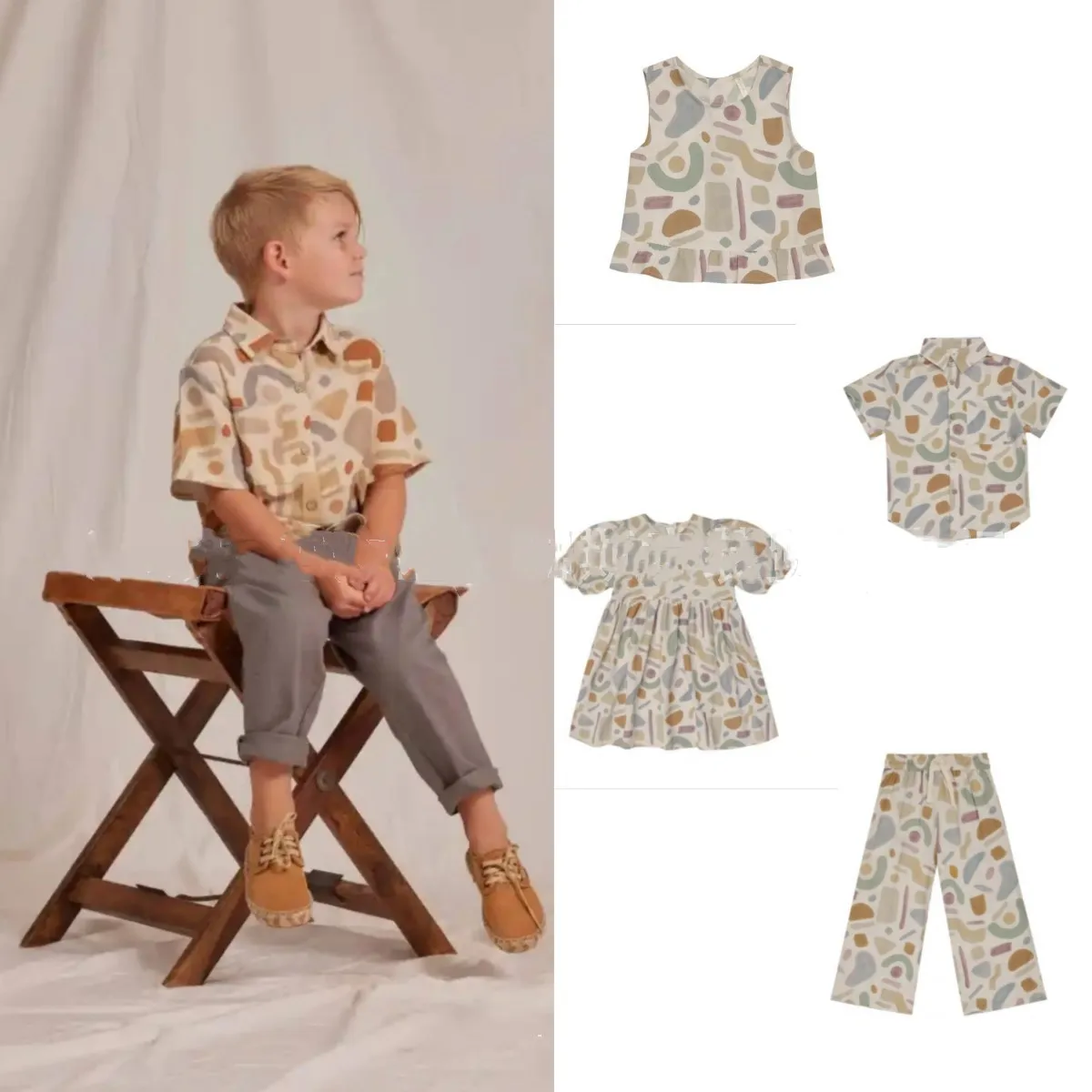 

2023 AncoBear Summer Brother and Sister Matching Outfit for Kids Children Vintage Geometric Printed Blouse Infants Outdoor Wear