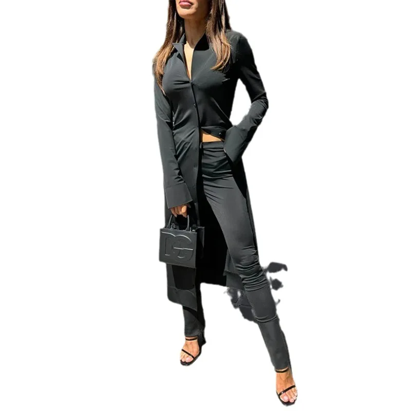 Autumn New Women Casual Two Piece Sets Outfits Temperament Commuting Women's Sexy Spicy Girl POLO Button Long Top & Pants Set