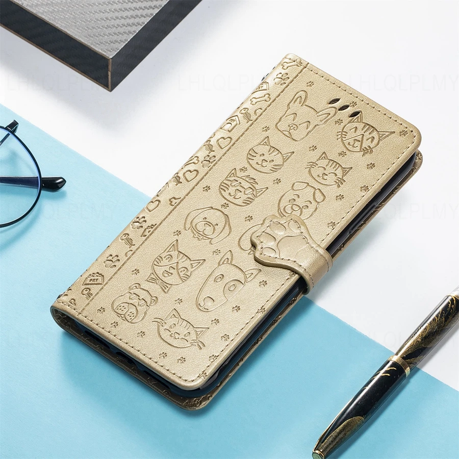 Leather Wallet Flip Case with Cat and Dog Design