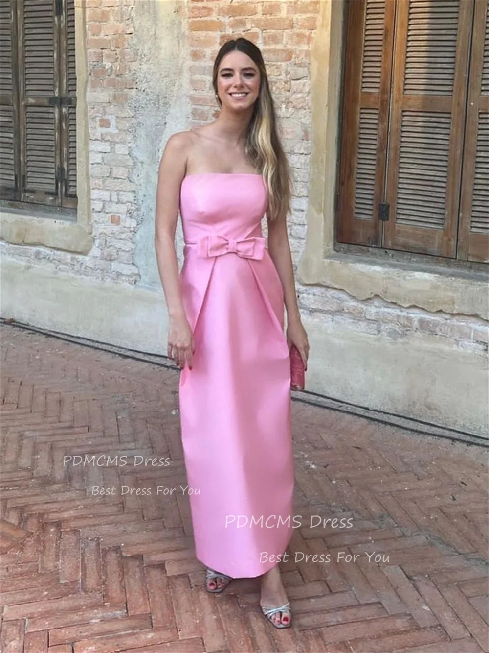 

Chic Pink Satin Formal Evening Dresses Modern Bow Belt Arabic Women Party Prom Gowns Ankle Length Dubai Formal Graduation Dress