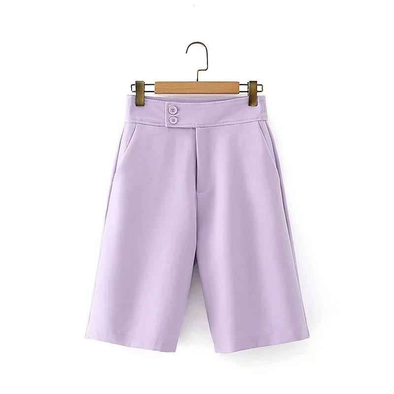 Chic Purple Shorts with Button 2023 Summer Women Solid Colors High Waist Wide Leg Shorts Girl Simple Sweet Casual Commute Shorts