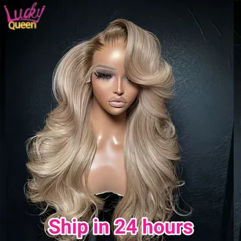Ombre Blonde 13X4 Transparent Lace Front Human Hair Wig Brown Root Body Wave Ash Blonde 5X5 Closure Wig Pre Plucked 1