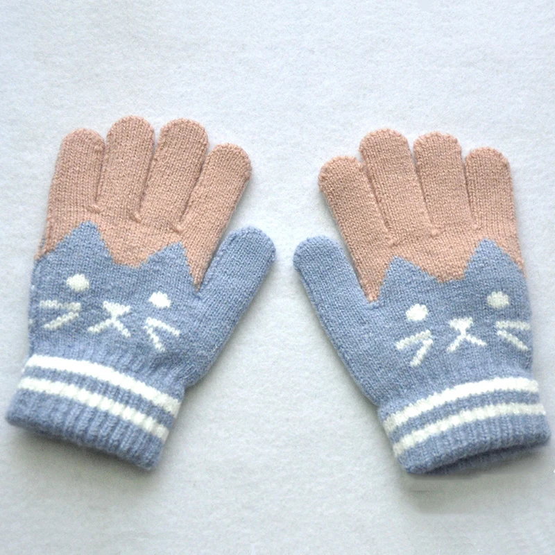 Cute Children Thickened Warm Gloves For Students 6-11Y Winter New Cat Knitted Mittens Outdoor Knitting Cycling Skiing Gloves 6