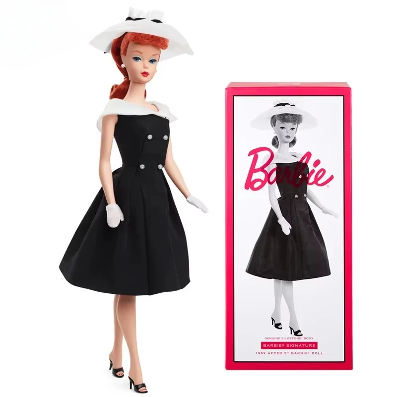 Original Retro Barbie Signature 1962, réplica clásica de muñecas, vestido negro de princesa, juguetes corporales de piedra de seda para niñas, colección especial