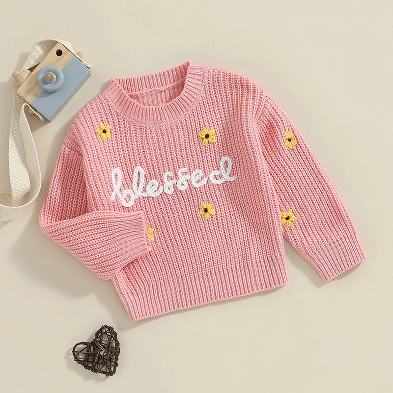 Focus norm 0-3y Herbst Winter Baby Mädchen Pullover 2 Farben Langarm Rundhals ausschnitt Blumen Brief Stickerei Strick Pullover Tops – Detail 7