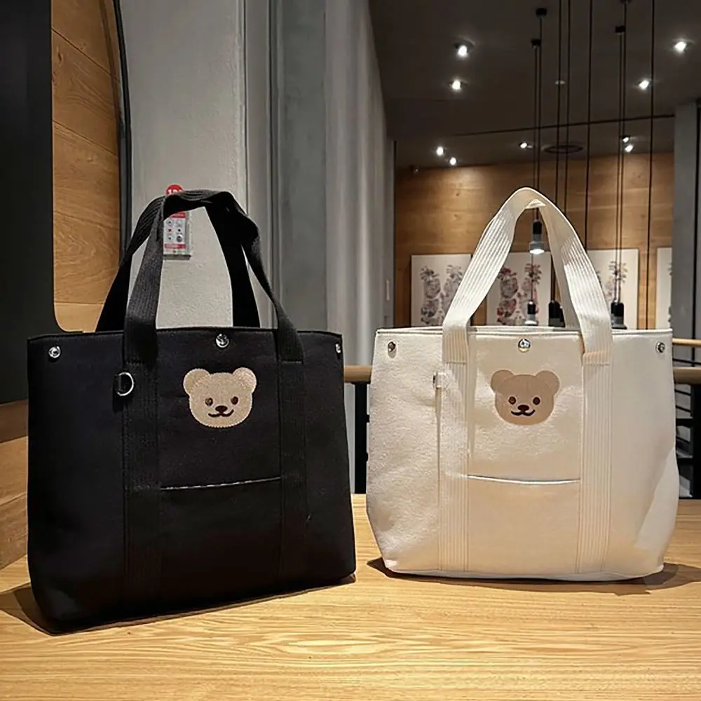 Bear Embroidery Bucket Handbags Casual Large Capacity Korean Style Commuting Bag Canvas Stroller Hanging Bag Commuting