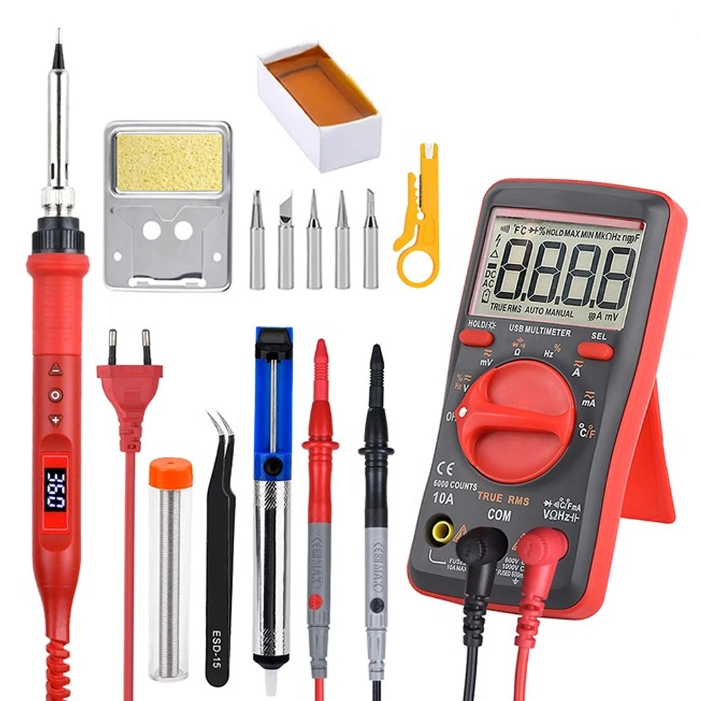 JCD 80W Soldering Iron Adjustable Temperature Multi-function Button 110V/220V Soldering Kit Multimeter Lighting LCD Display 908U