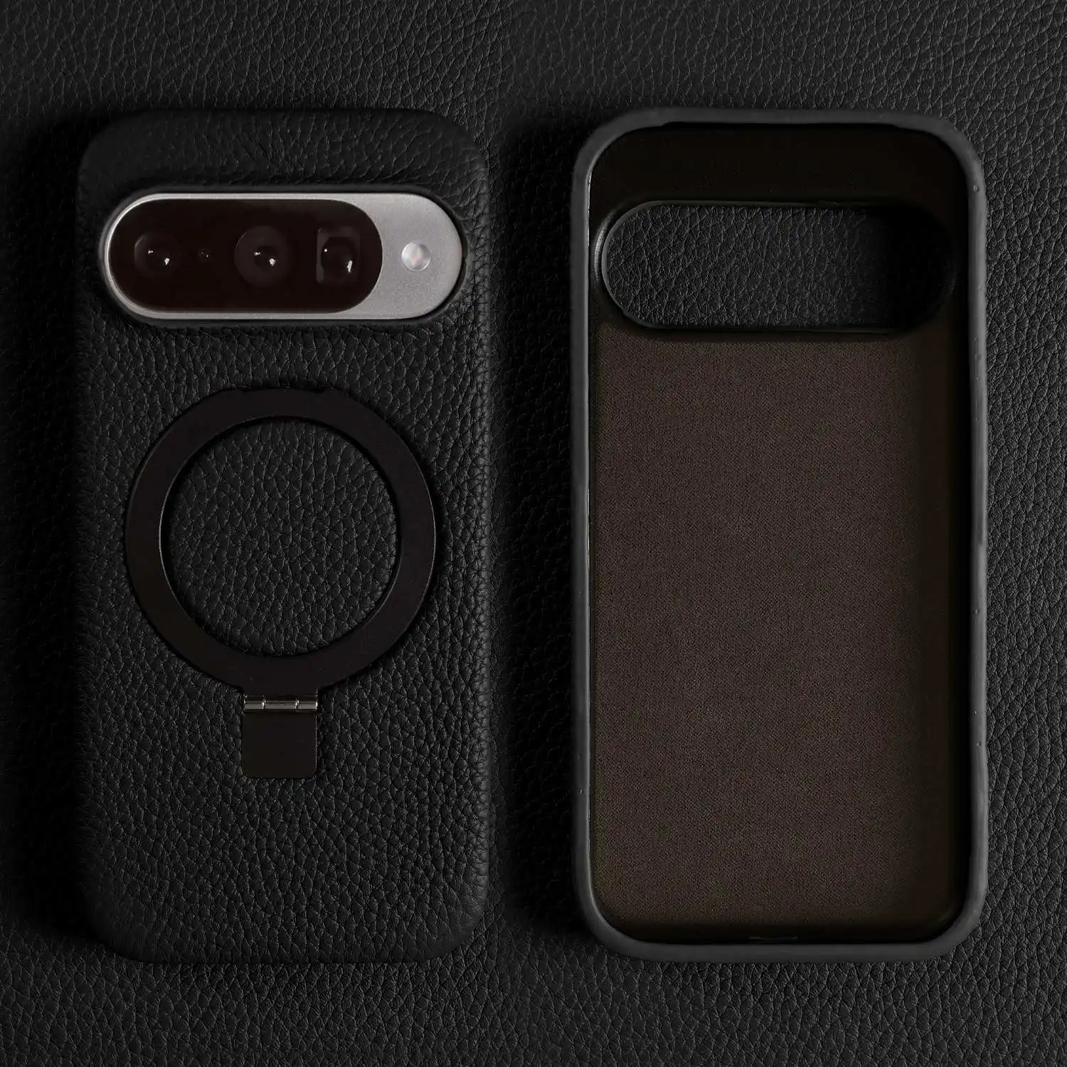 Genuine Leather Magnetic Ring Stand Phone Case with Stand & Magnetic Back Cover