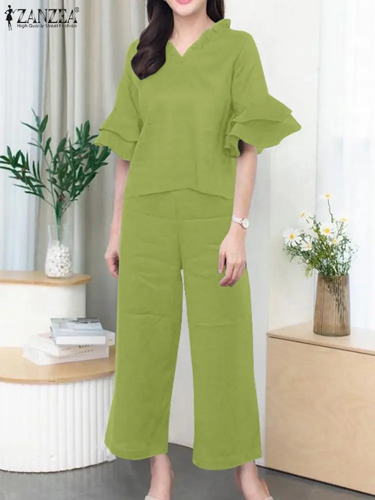 

ZANZEA Fashion Urban Tracksuits Summer Women Matching Sets Short Sleeve Ruffles Tops Wide Leg Pant Elegant Holiday Loose Outifit