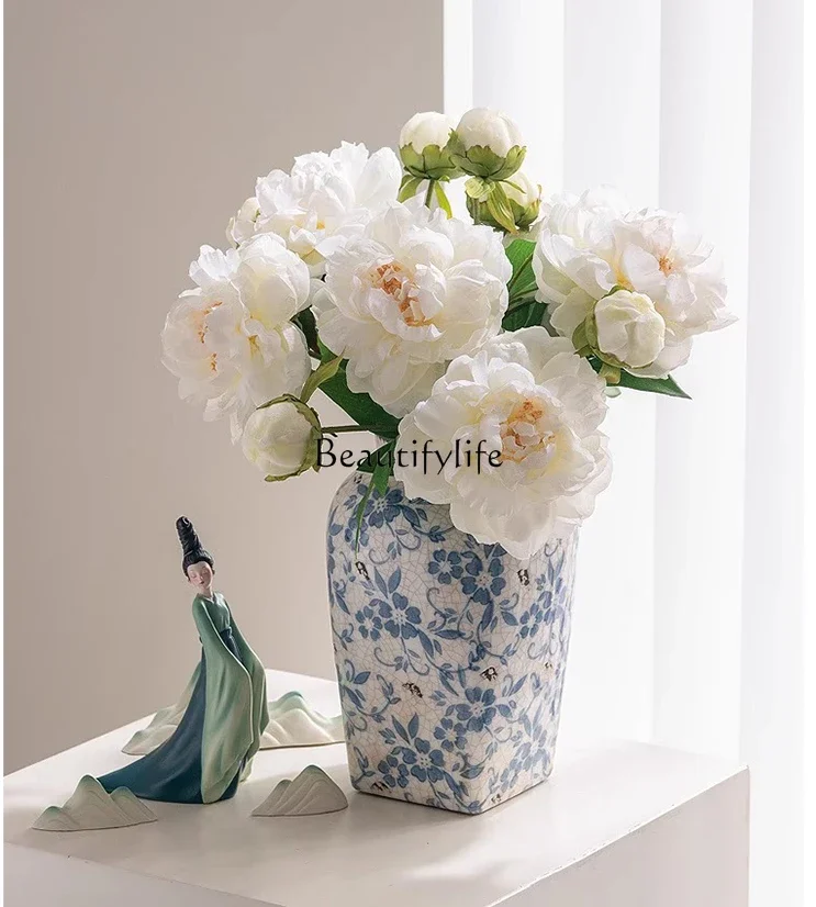 

New Chinese Style Blue and White Porcelain Ceramic Living Room Retro Ice Crack Ornaments