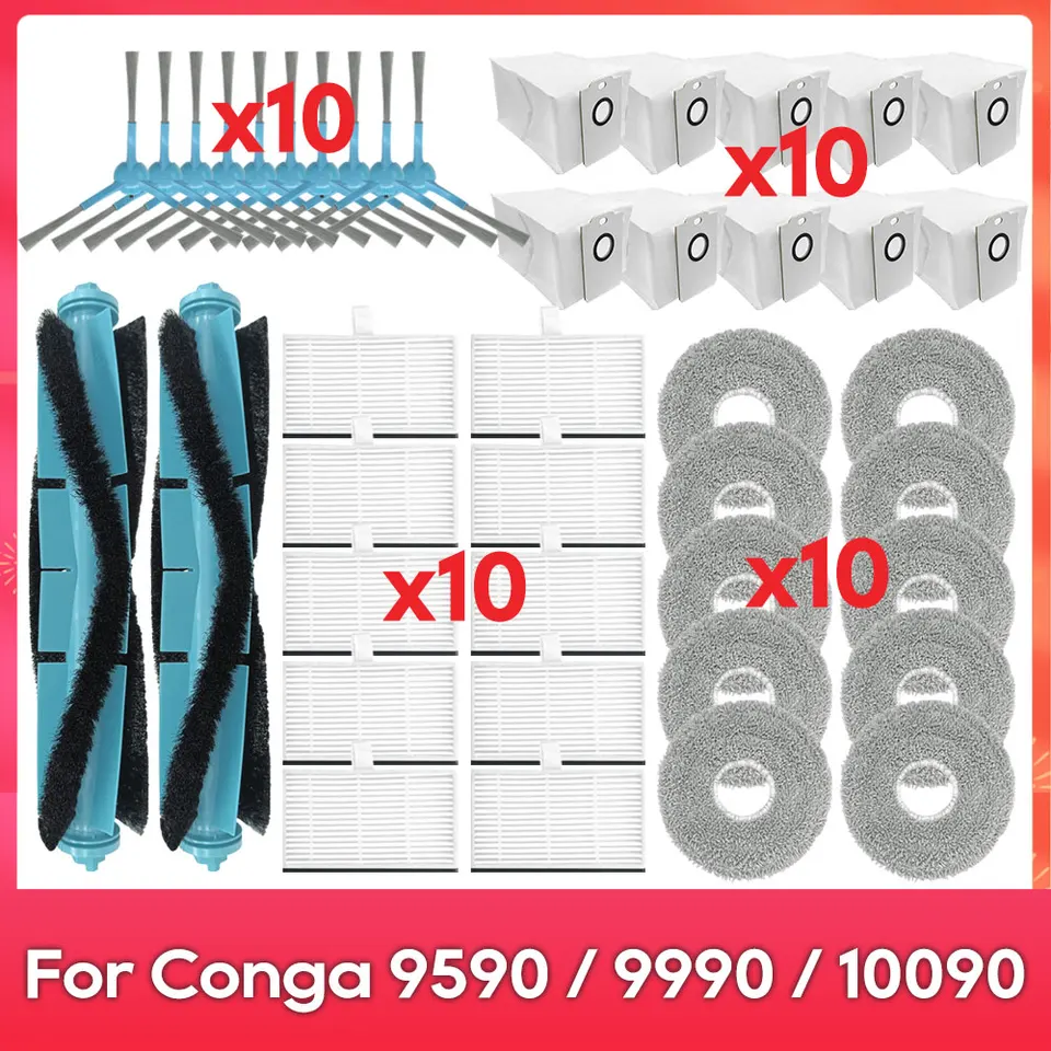 Kit De Repuesto Para Robot Aspirador Cecotec Conga 9590/9990/10090 | 1 Cepillo Principal, 2 Laterales Y 2 Filtros | Limpieza Eficiente Y Fácil Instalación