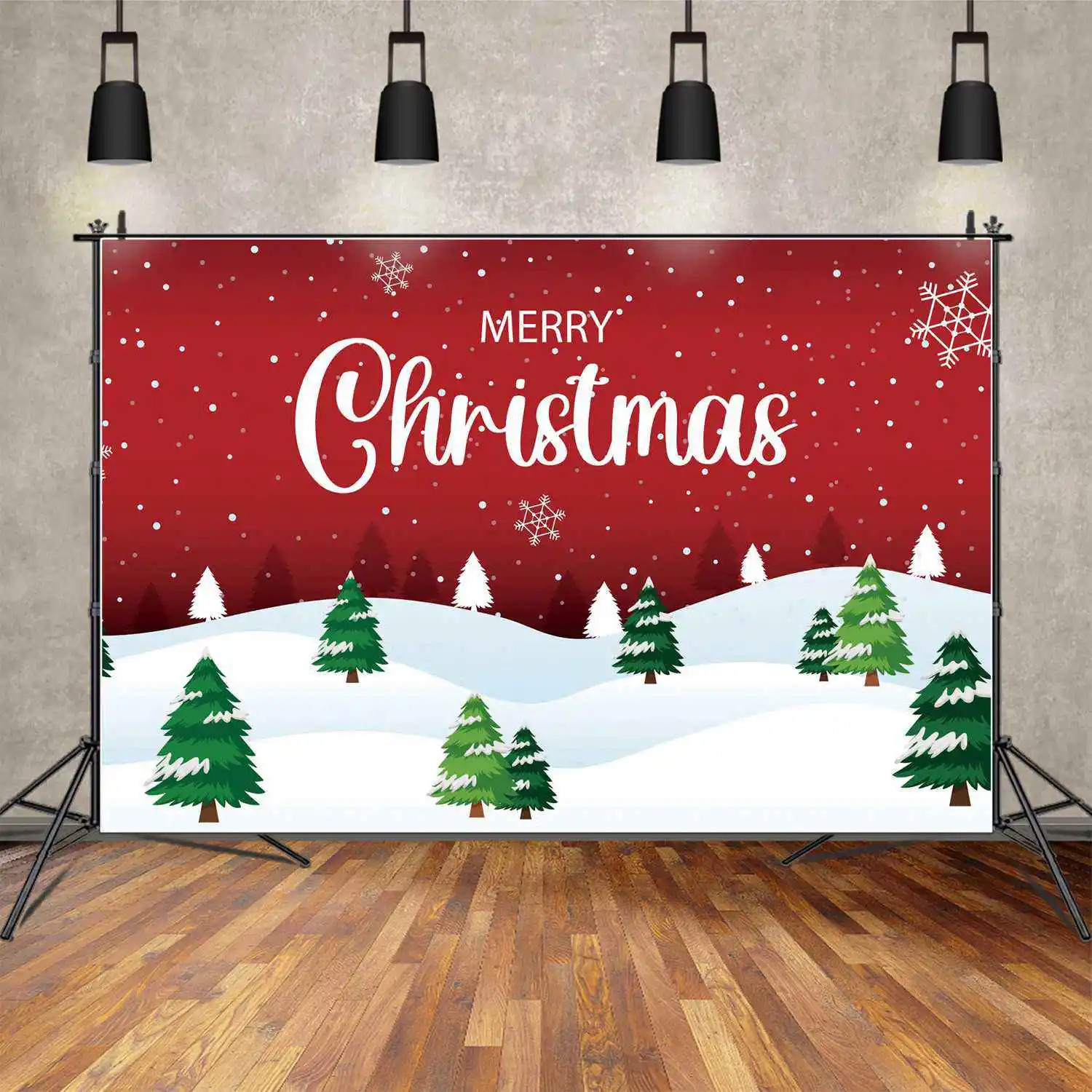 

MOON.QG Backdrop Snowflake Merry Christmas Banner Poster Red Party Wall Decor Background White Snow Field Pine Tree Photo Booth