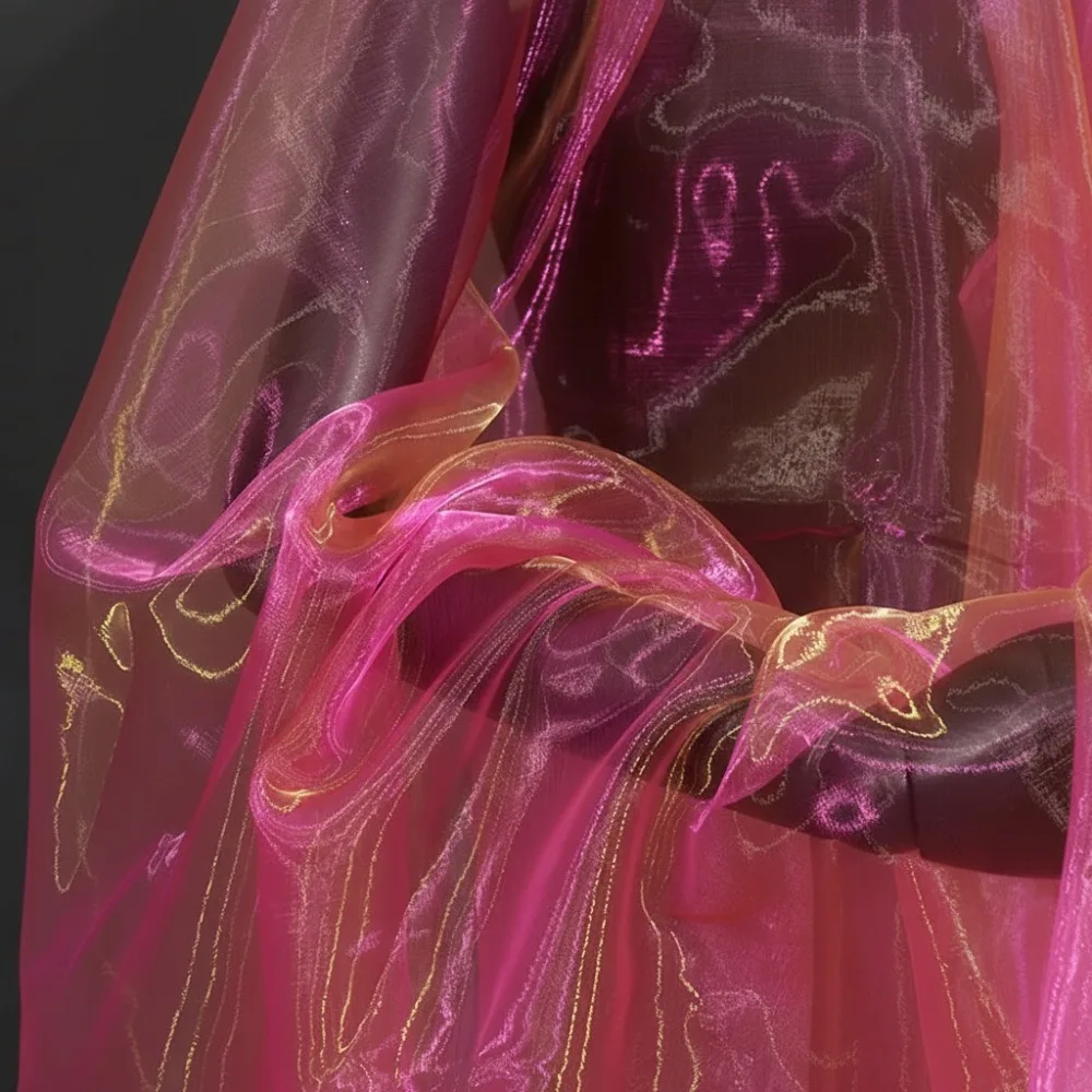 Two-Color Gradient Sheer Organza Mesh Fabric with Decorative Edge, 100x150cm