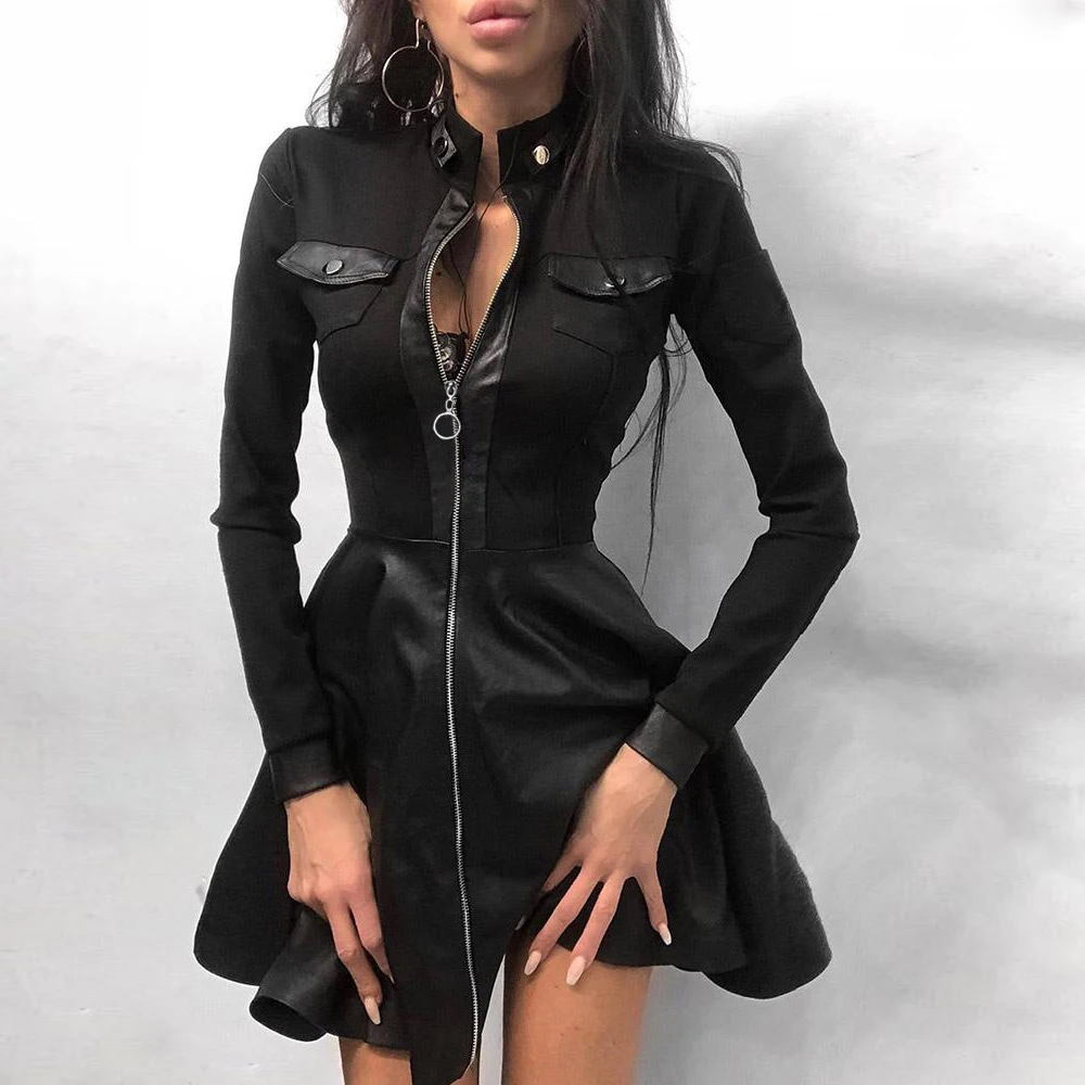 

New women's temperament long sleeved lace V-neck zippered PU pocket fashionable and sexy slim fitting waist tied dress