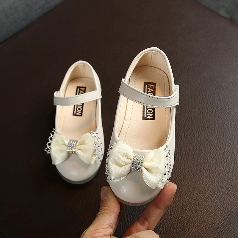 White Leather Shoes Girls Shoes Girls Flats for Girls Kids Wedding Dress Shoes Bow-knot Bowtie Sweet Crystal Children's Leather Flats Toddlers Girls 22-31