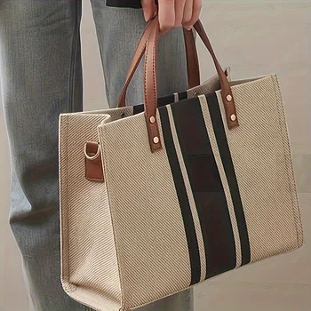 حقيبة يد نسائية أنيقة من القماش، حقيبة كتف بتصميم مخطط باللون الأسود والأزرق للعمل والمدرسة والتسوق ونزهات الشاطئ وصالة الألعاب الرياضية