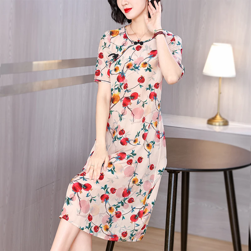 

Женское шелковое платье с круглым вырезом, свободное облегающее длинное Платье До Колена в стиле ретро, большие размеры, весна 2024