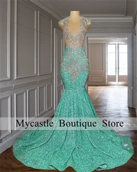 Luxury Green Sequins Mermaid Prom Dresses 2024 For Black Girls Crystals Rhinestones Wedding Party Dress Mermaid Evening Dresses