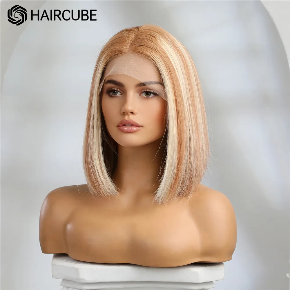 HAIRCUBE 12inch Honey Brown Blonde Highlight Human Hair Wig 13&times;5&times;1 Bob Lace Front Wig Shoulder Long Middle Part Wigs for Women
