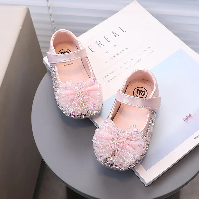 Girls Leather Shoes with Star Sequins Kids Dress Shoes Princess Style Fashion Elegant New Children Flat with Mesh Bow