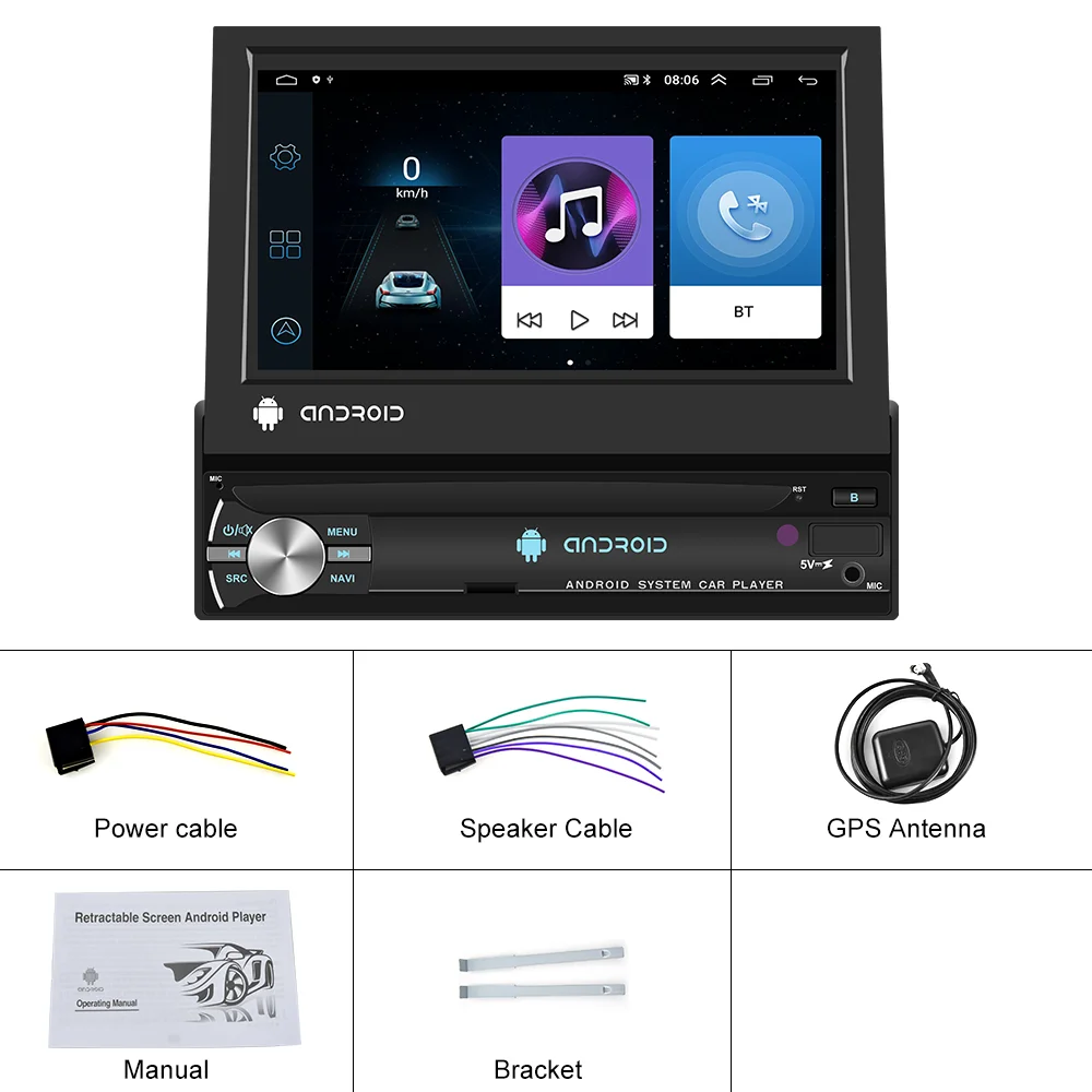 OiLiehu 1 Din Universal Car Radio CarPlay GPS Navigation Android Auto 7" Retractable Screen Android 10 Multimedia Player