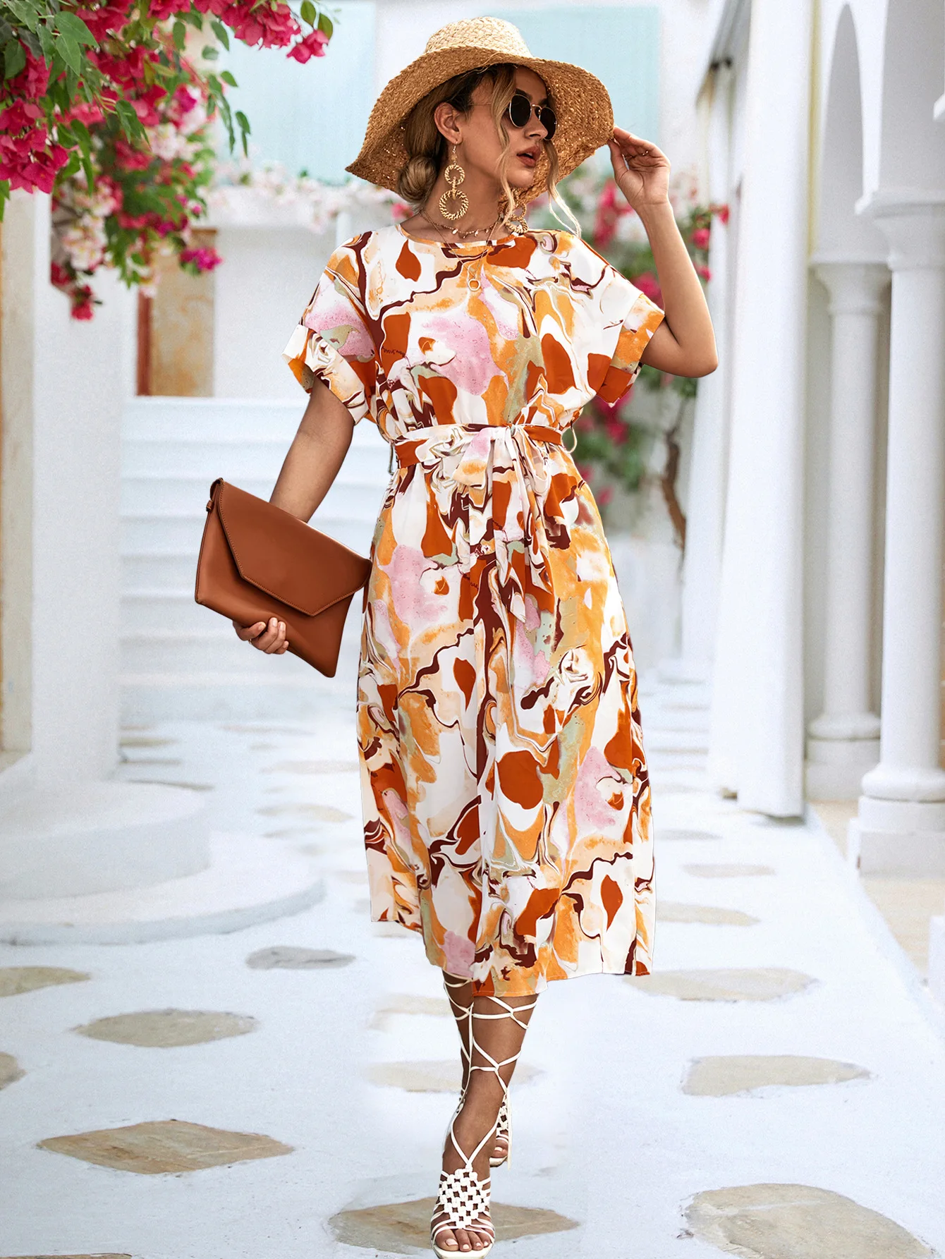 Women Long printed Dress with sashes Fashion Slim Chiffon O-neck A-line Loose Dress Elegant female holidays beach dresses