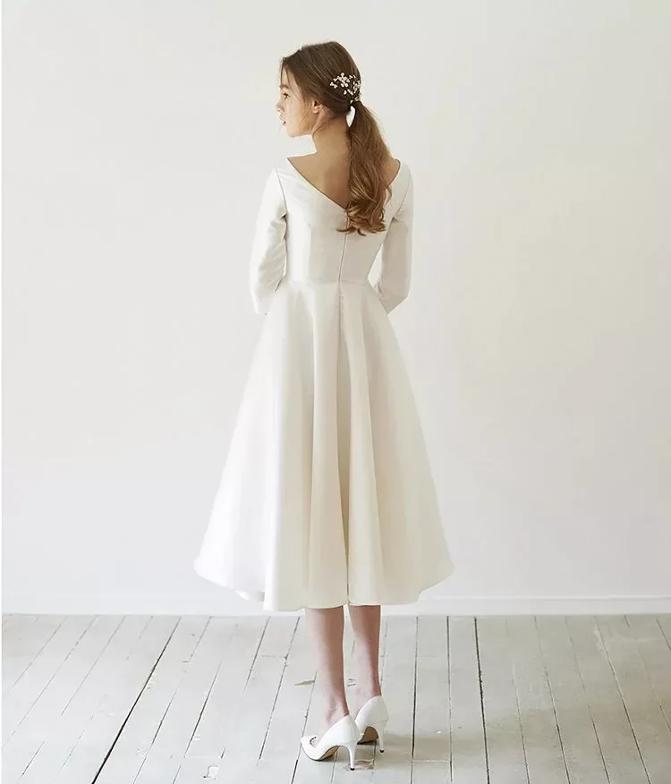Simple Wedding Dresses Satin Tea length With Sleeve matrimonio vestidosde novia robe-de-mariee Direct China wedding dresses