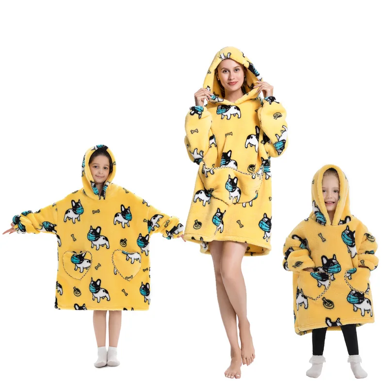 Wearable Blanket Hoodies Family Homewear Thick Loungewear Plush Flannel Pajamas For Parents