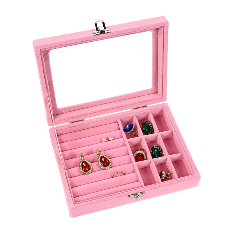 Flannel Jewelry Storage Box Wholesale Anti-Oxidation Dustproof Transparent Glass Display Box Ladies Ring Earring Storage Box