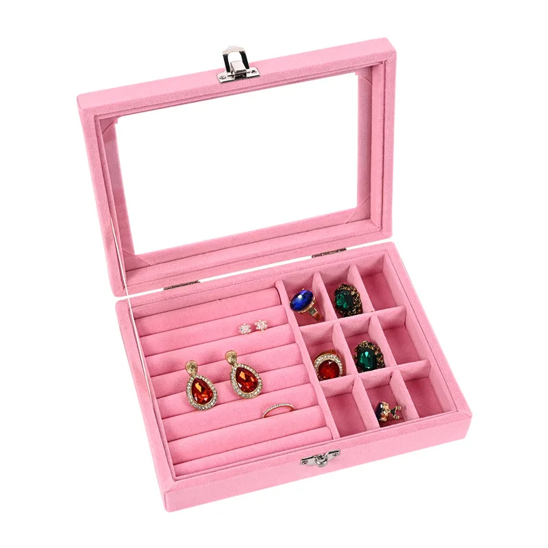 Flannel Jewelry Storage Box Wholesale Anti-Oxidation Dustproof Transparent Glass Display Box Ladies Ring Earring Storage Box 1pcs single layer jewelry storage box flower color pattern ladies fashion travel hand leather box classic pure green storage box