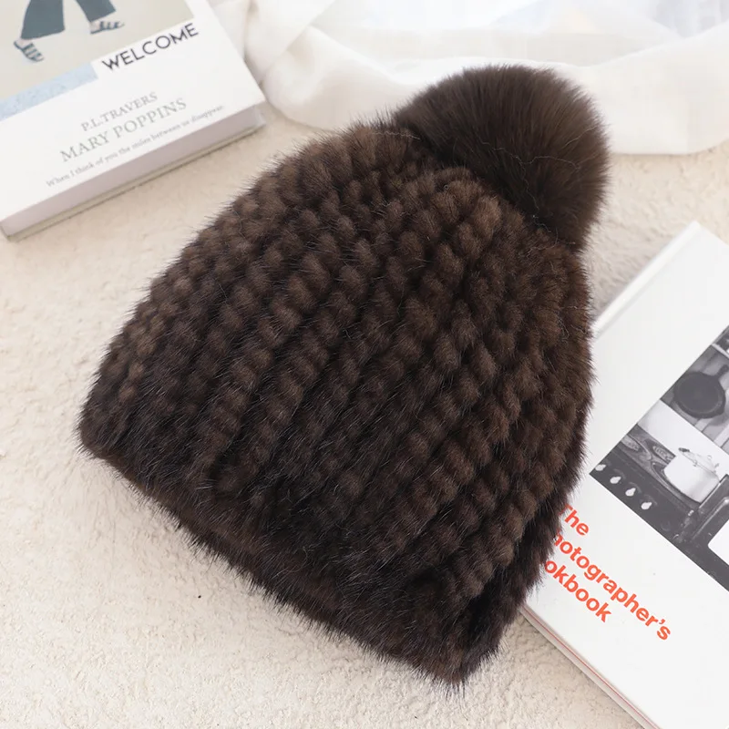 Women Winter Hats Real Mink Fur Hat For Women Thicken Female Fur Caps Ladies Winter Knitted Mink Beanies Fox Pompoms Hat